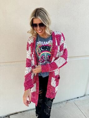 NWT Blakeley Miley Checkered Confetti Dot Cardigan Pink Plus OS - 14 16 18 20 22